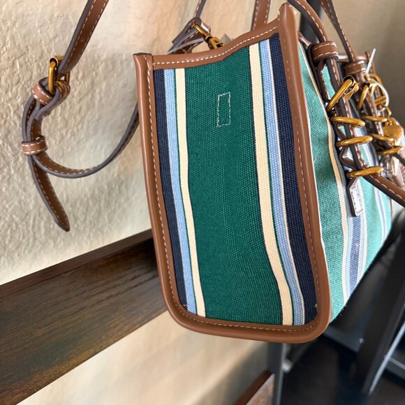 Steve Madden Green Stripe Canvas Tote Crossbody Bag Gold Hardware - Picture 4 of 7